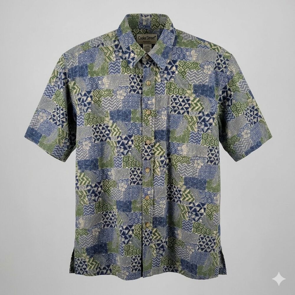 Cooke Street Men's Large Blue Green Hawaiian Aloha Button Front Cotton Shirt